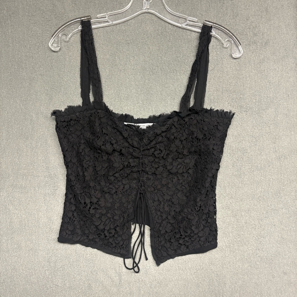 Zara Black Lace Corset Top Size Small Ruched Front Tie Bustier